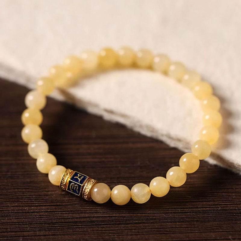 Natural Beige Jade Six Word Mantra Bracelet - MystiCrystals
