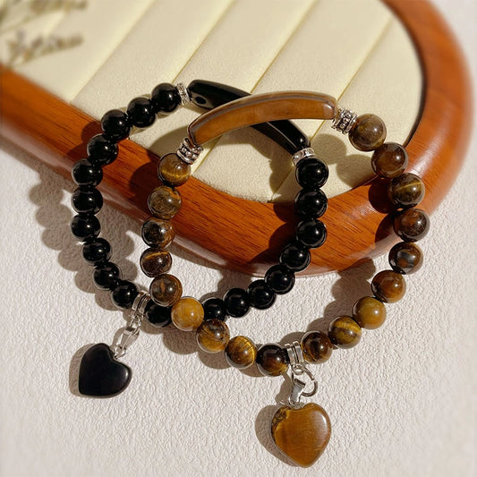 8mm Amethyst & Agate Beaded Bracelet with Heart Charm