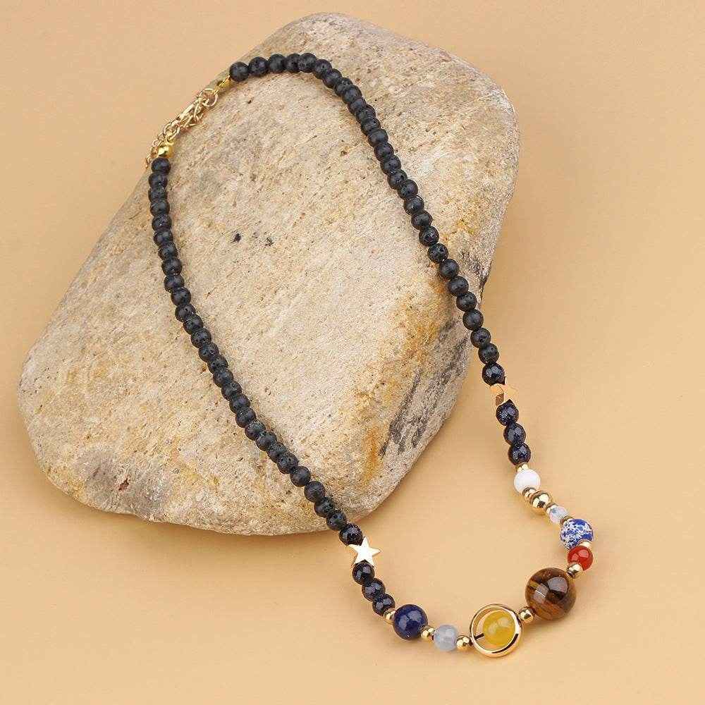 Galaxy Pendant Necklace with Tiger Eye and Planets