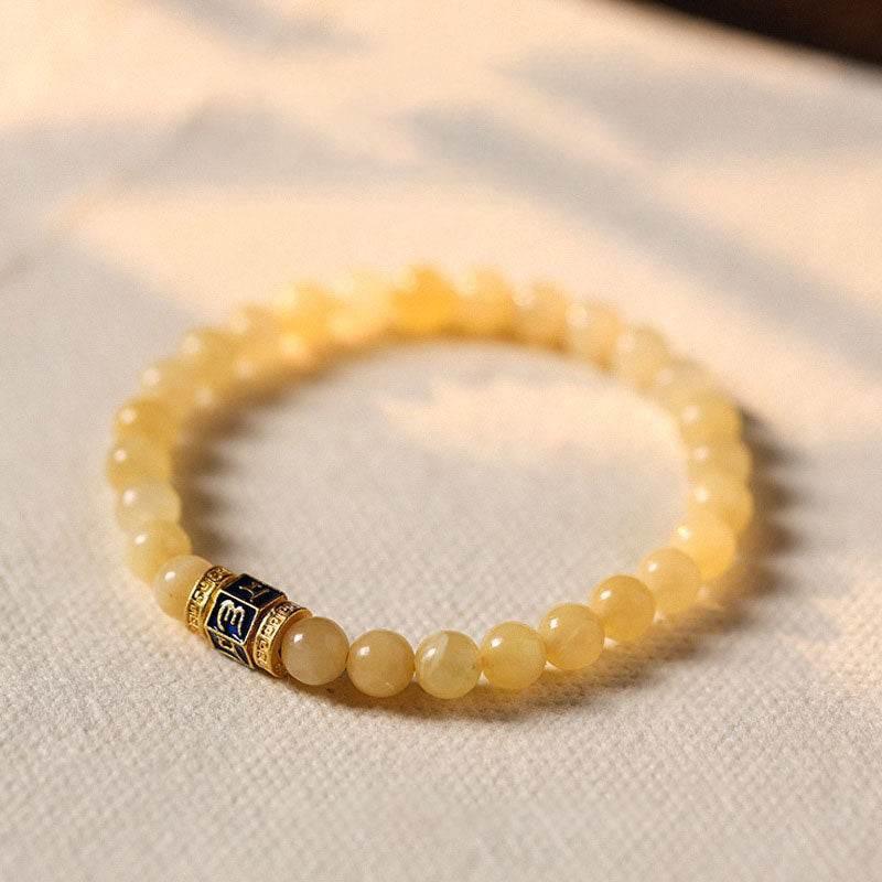 Natural Beige Jade Six Word Mantra Bracelet - MystiCrystals