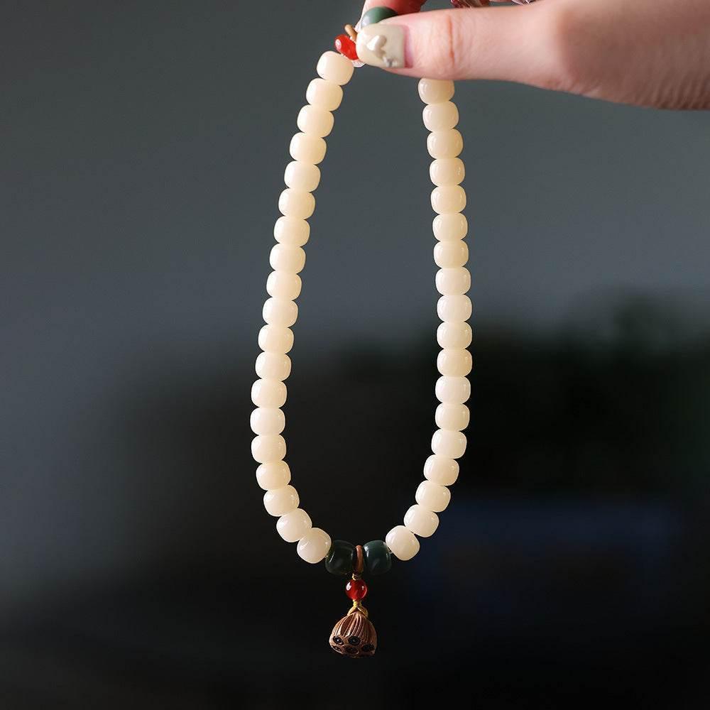 Natural White Jade Bodhi Double-Wrap Bracelet with Lotus Tassel - MystiCrystals