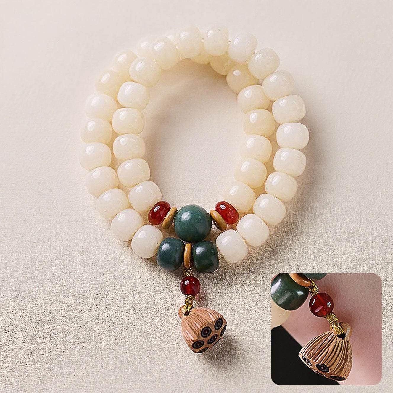 Natural White Jade Bodhi Double-Wrap Bracelet with Lotus Tassel - MystiCrystals