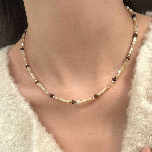 Moon Pendant Necklace with Tiger Eye and Shell