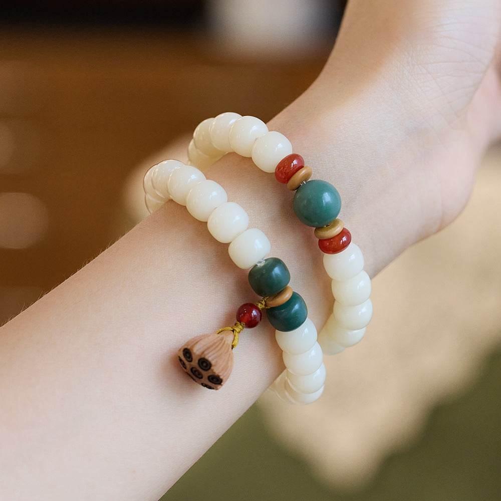 Natural White Jade Bodhi Double-Wrap Bracelet with Lotus Tassel - MystiCrystals