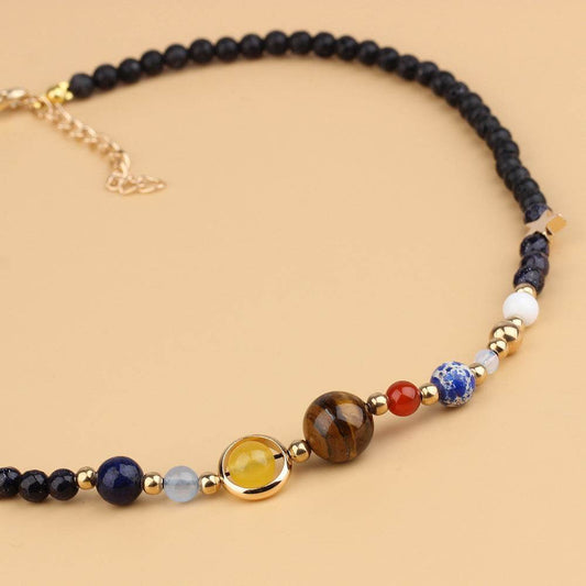 Galaxy Pendant Necklace with Tiger Eye and Planets - Solcryst