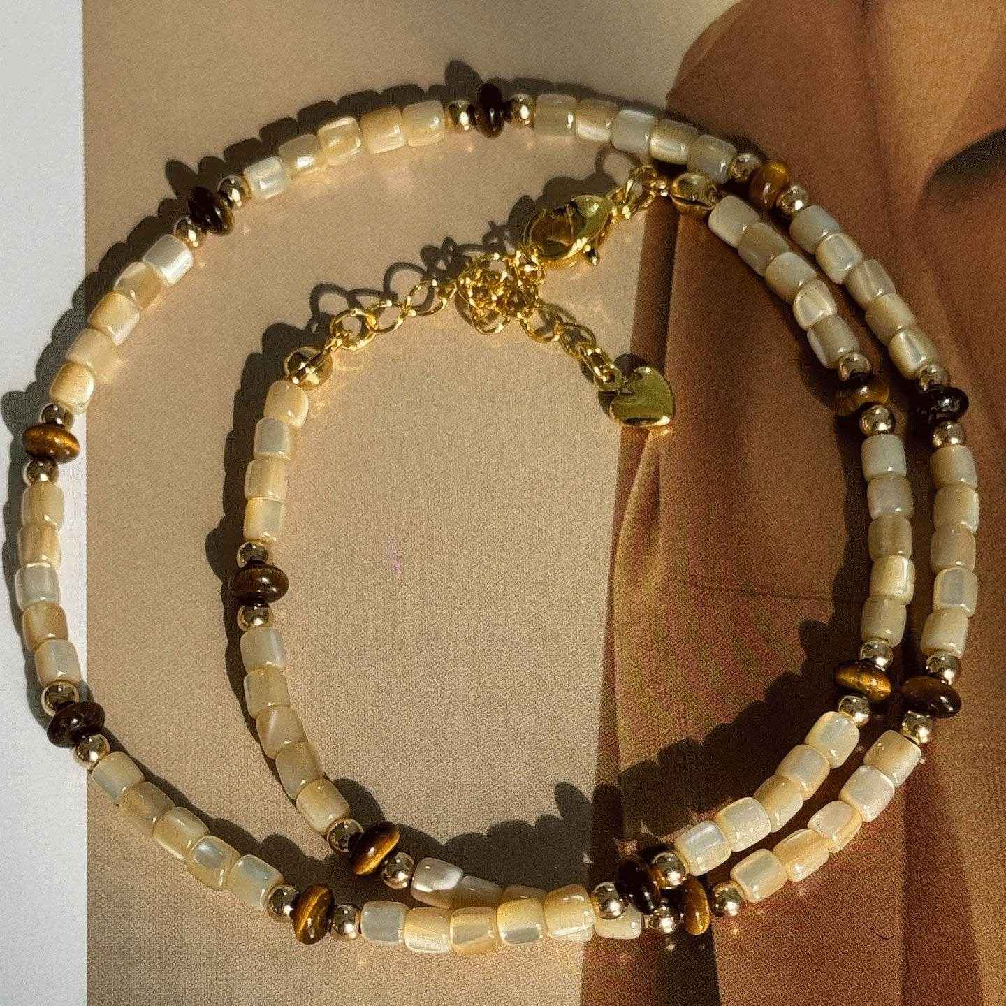 Moon Pendant Necklace with Tiger Eye and Shell