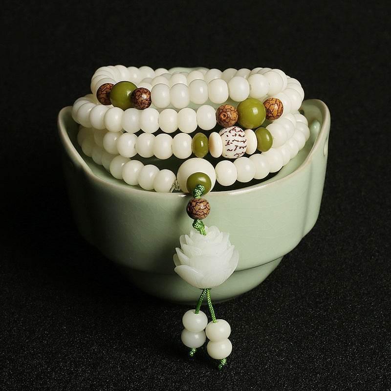 Natural White Jade Bodhi Bracelet – 108 Beads - MystiCrystals