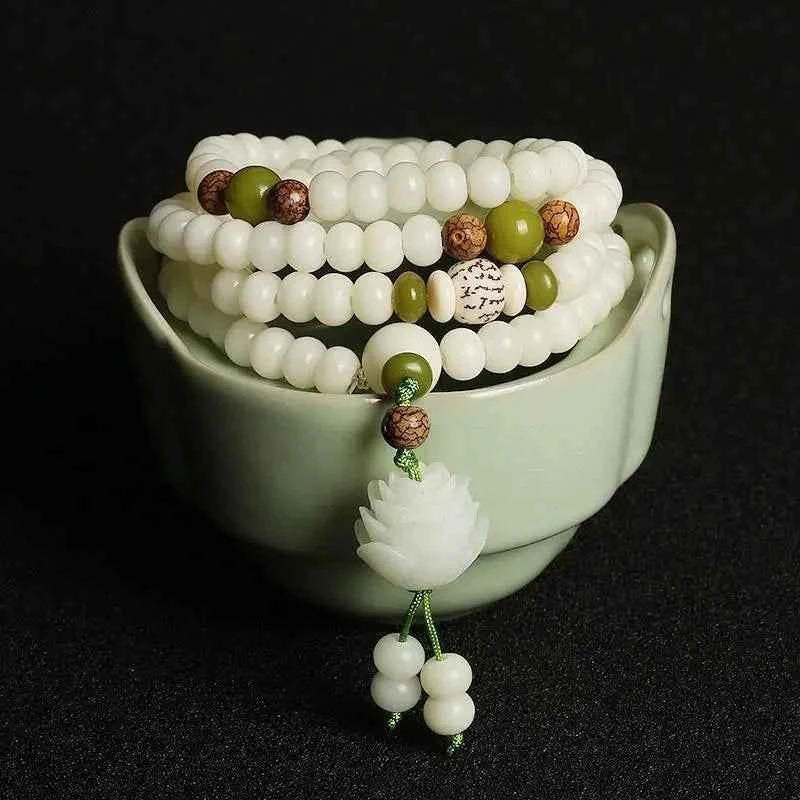 Natural White Jade Bodhi Bracelet – 108 Beads