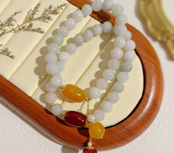 Natural Jadeite & Agate Bracelet for Luck, Abundance & Protection - MystiCrystals