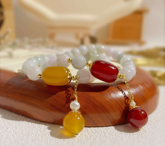 Natural Jadeite & Agate Bracelet for Luck, Abundance & Protection - MystiCrystals