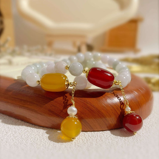 Natural Jadeite & Agate Bracelet for Luck, Abundance & Protection - MystiCrystals