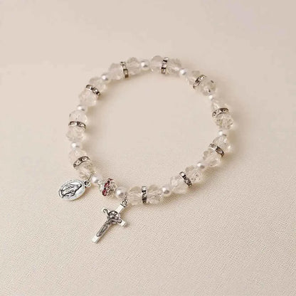Handmade Crystal & Pearl Beaded Bracelet with Cross Pendant