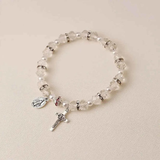 Handmade Crystal & Pearl Beaded Bracelet with Cross Pendant