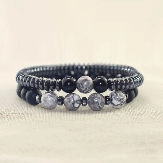 Black Obsidian & Matte Stone Beaded Bracelet - MystiCrystals
