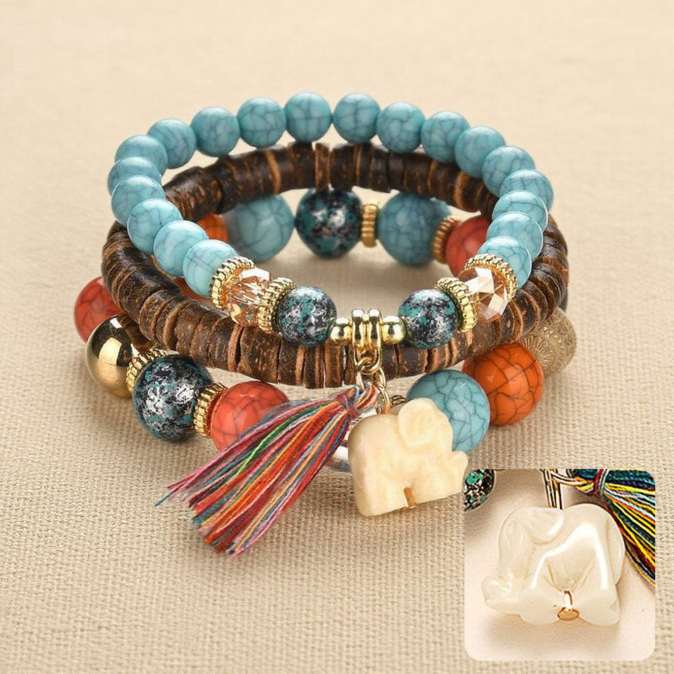 Tassel & Elephant Charm Multi-Strand Bracelet - MystiCrystals