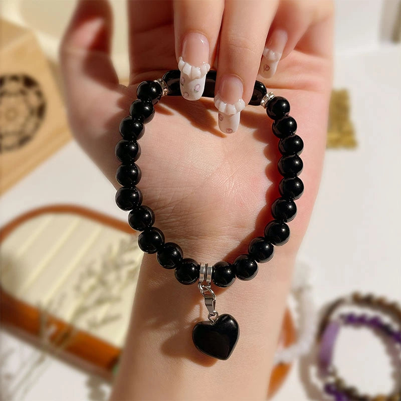 8mm Amethyst & Agate Beaded Bracelet with Heart Charm