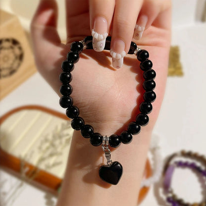 8mm Amethyst & Agate Beaded Bracelet with Heart Charm