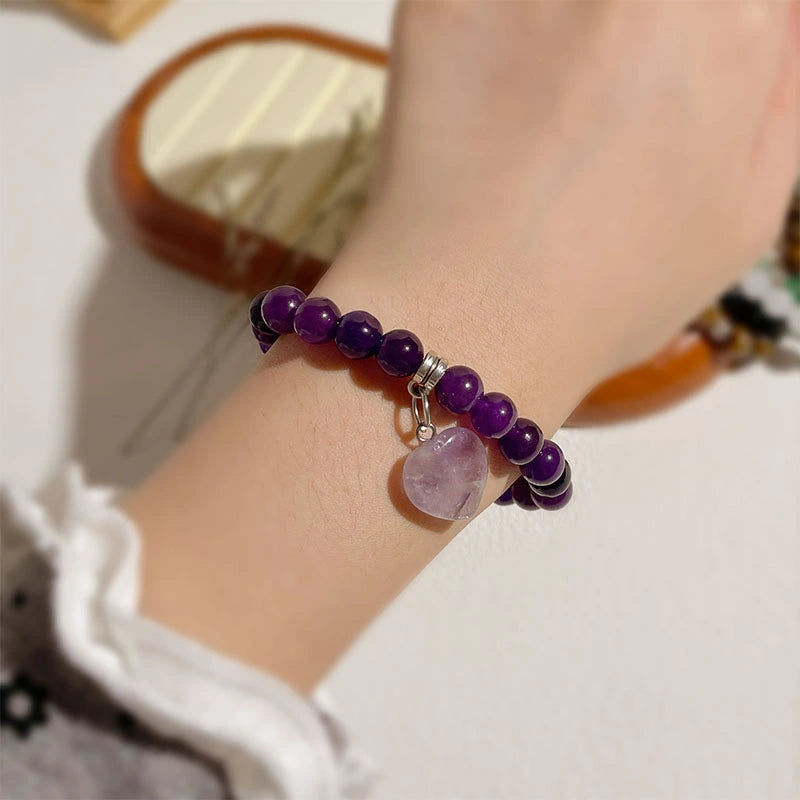 8mm Amethyst & Agate Beaded Bracelet with Heart Charm