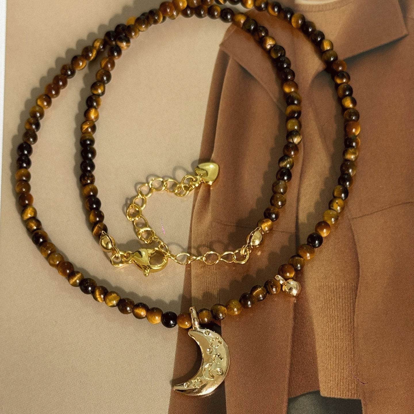 Moon Pendant Necklace with Tiger Eye and Shell - MystiCrystals