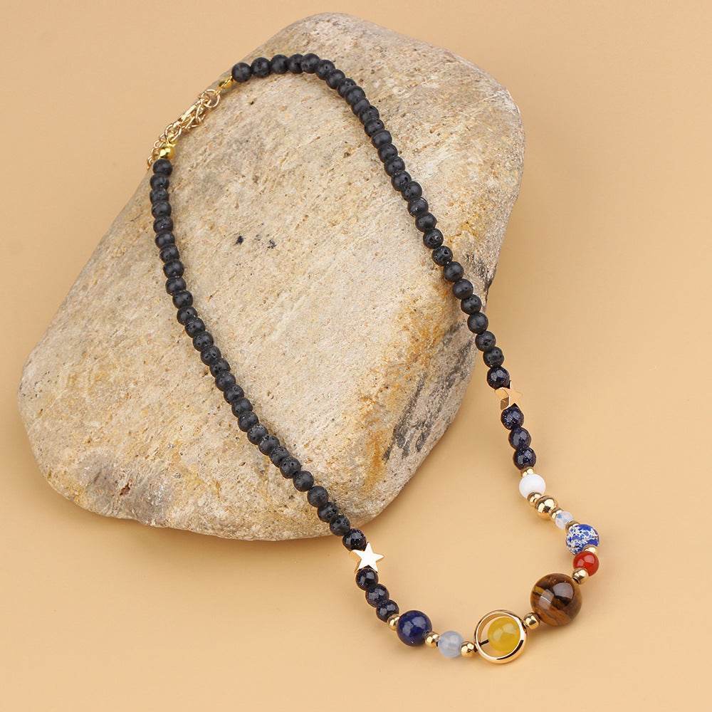 Galaxy Pendant Necklace with Tiger Eye and Planets - MystiCrystals