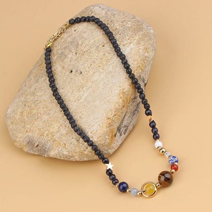Galaxy Pendant Necklace with Tiger Eye and Planets - MystiCrystals