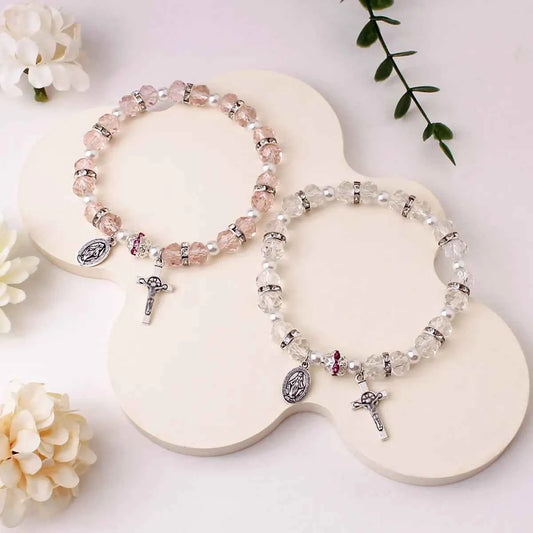 Handmade Crystal & Pearl Beaded Bracelet with Cross Pendant