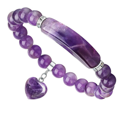 8mm Amethyst & Agate Beaded Bracelet with Heart Charm