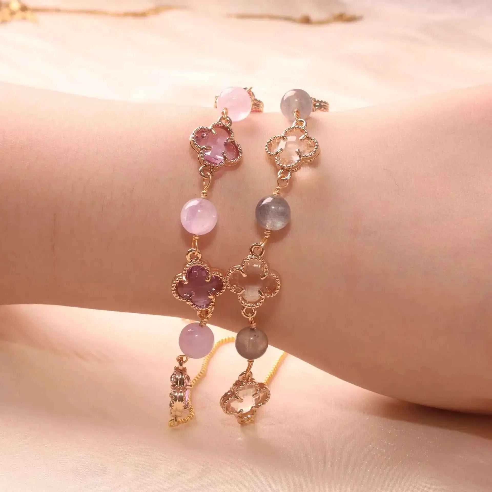 Amethyst & Strawberry Quartz Four-Leaf Clover Bracelet