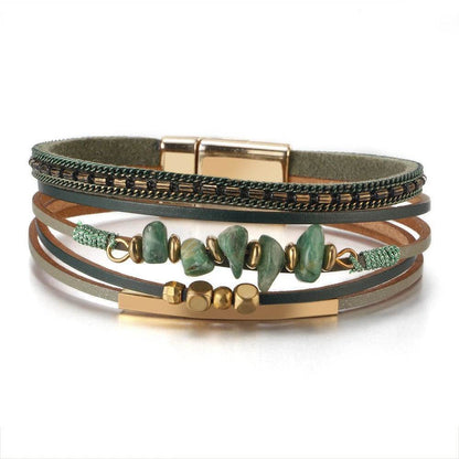 Bohemian Leather Wrap Bracelet with Magnetic Clasp - MystiCrystals
