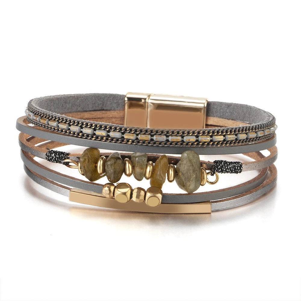 Bohemian Leather Wrap Bracelet with Magnetic Clasp - MystiCrystals