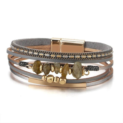 Bohemian Leather Wrap Bracelet with Magnetic Clasp - MystiCrystals