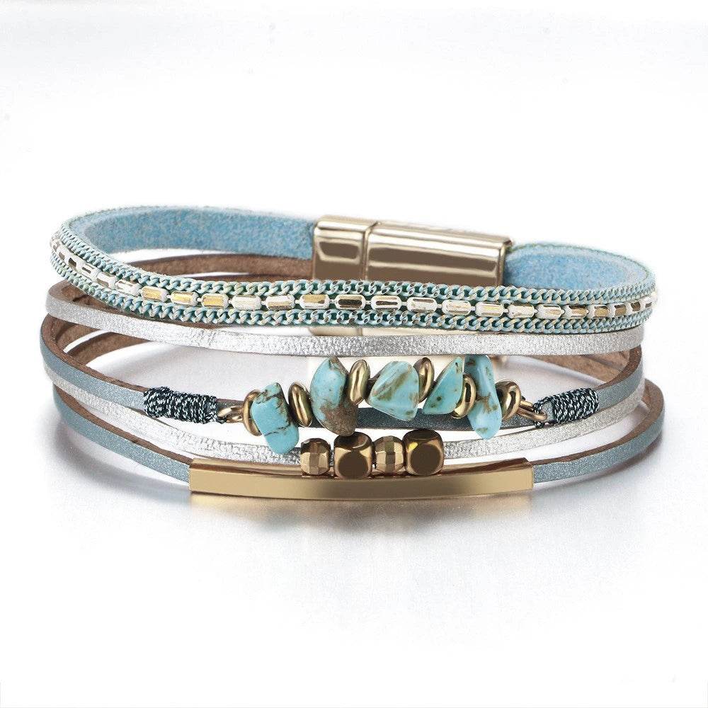 Bohemian Leather Wrap Bracelet with Magnetic Clasp - MystiCrystals