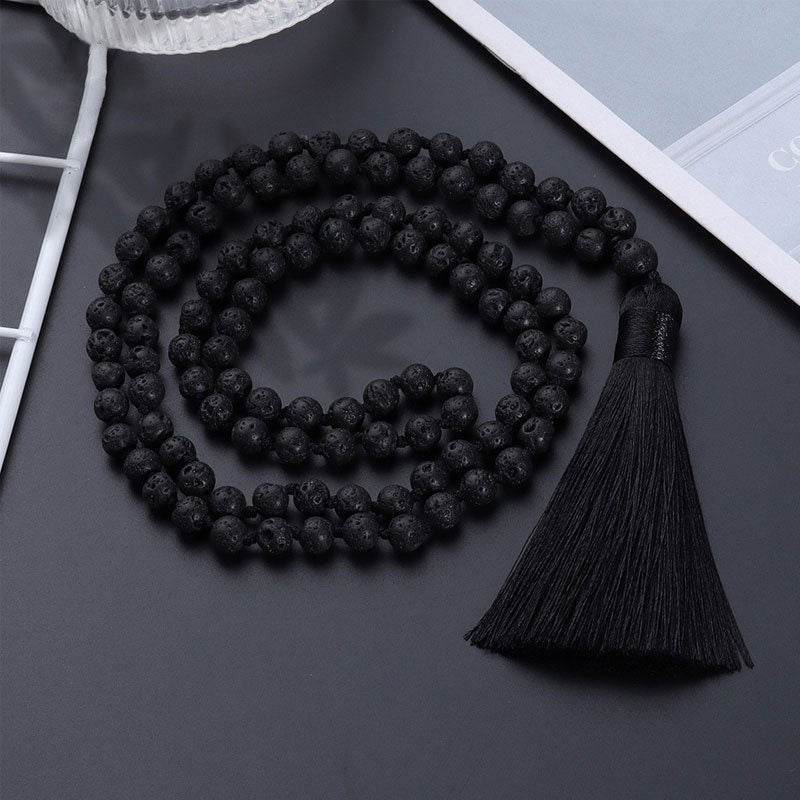108 Bead Natural Lava Stone Necklace with Tassel - MystiCrystals