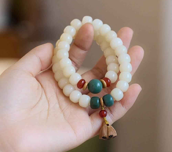 Natural White Jade Bodhi Double-Wrap Bracelet with Lotus Tassel