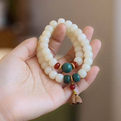 Natural White Jade Bodhi Double-Wrap Bracelet with Lotus Tassel - MystiCrystals