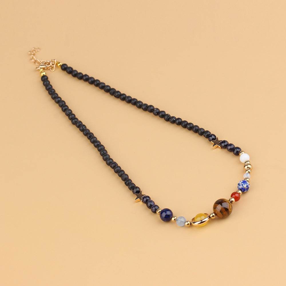 Galaxy Pendant Necklace with Tiger Eye and Planets - MystiCrystals