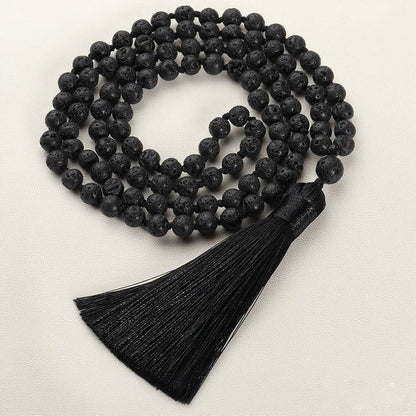 108 Bead Natural Lava Stone Necklace with Tassel - MystiCrystals