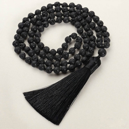 108 Bead Natural Lava Stone Necklace with Tassel - MystiCrystals