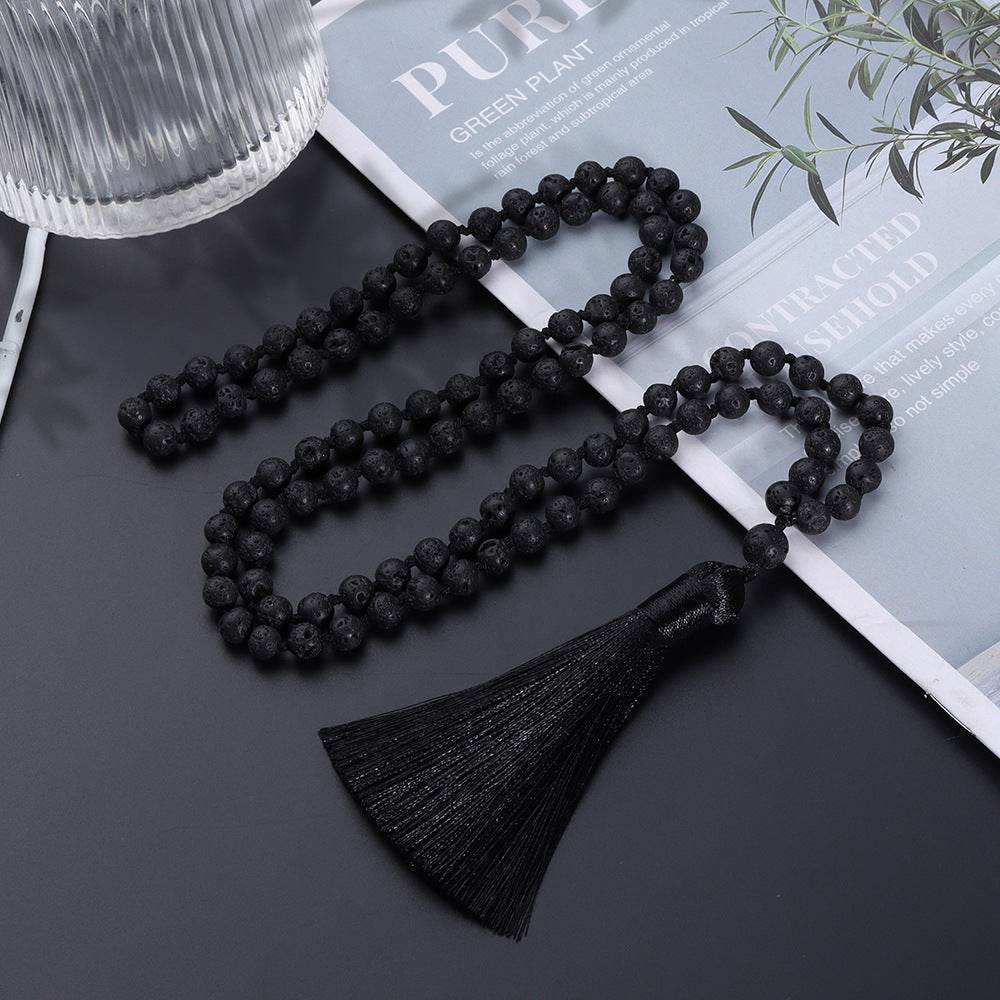 108 Bead Natural Lava Stone Necklace with Tassel - MystiCrystals