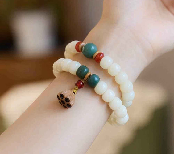 Natural White Jade Bodhi Double-Wrap Bracelet with Lotus Tassel