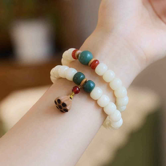Natural White Jade Bodhi Double-Wrap Bracelet with Lotus Tassel