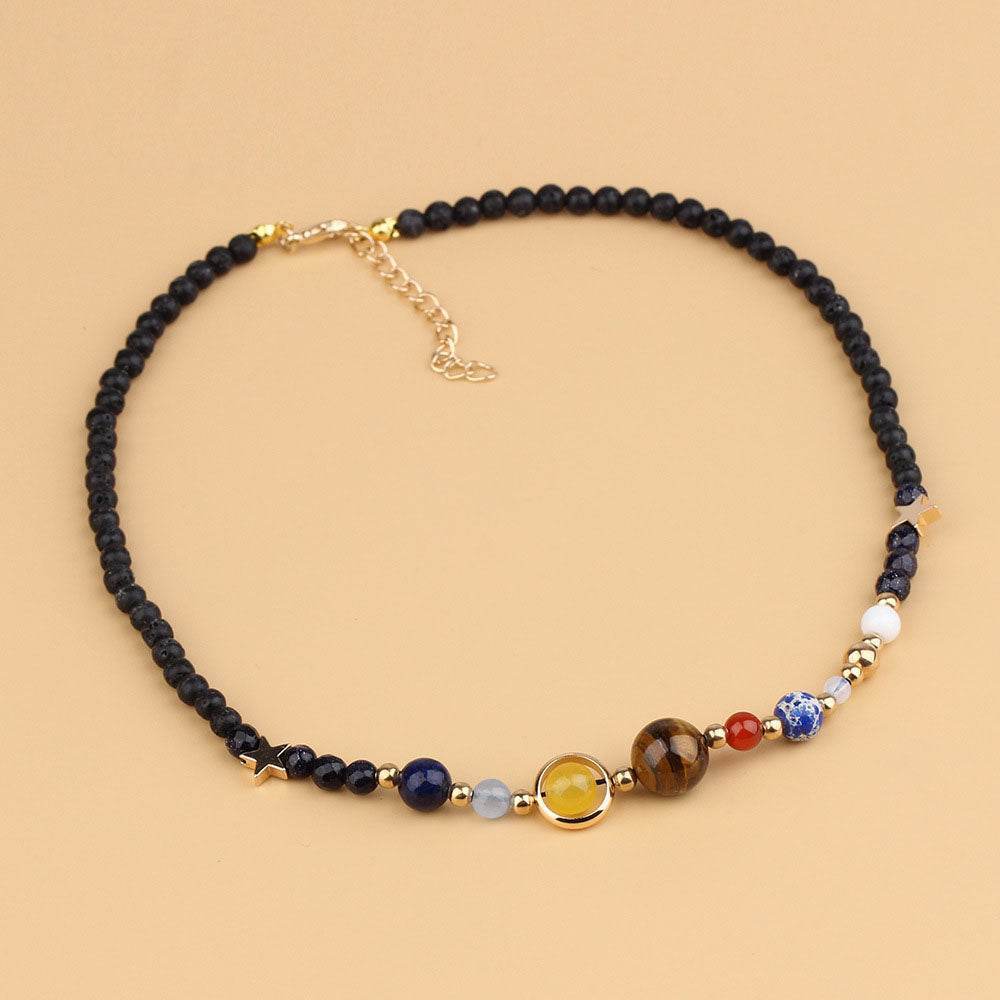 Galaxy Pendant Necklace with Tiger Eye and Planets - MystiCrystals