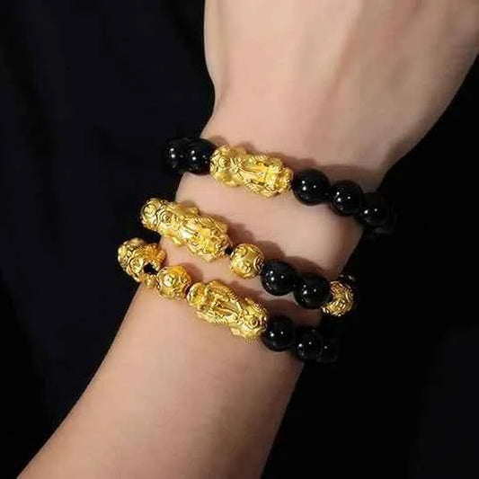 Black Obsidian Beaded Bracelet with Pixiu & Gold Accents