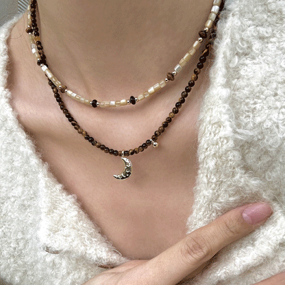 Moon Pendant Necklace with Tiger Eye and Shell - MystiCrystals