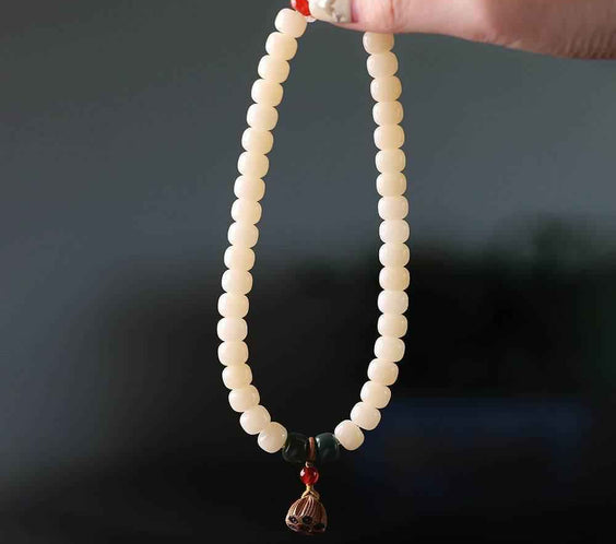 Natural White Jade Bodhi Double-Wrap Bracelet with Lotus Tassel