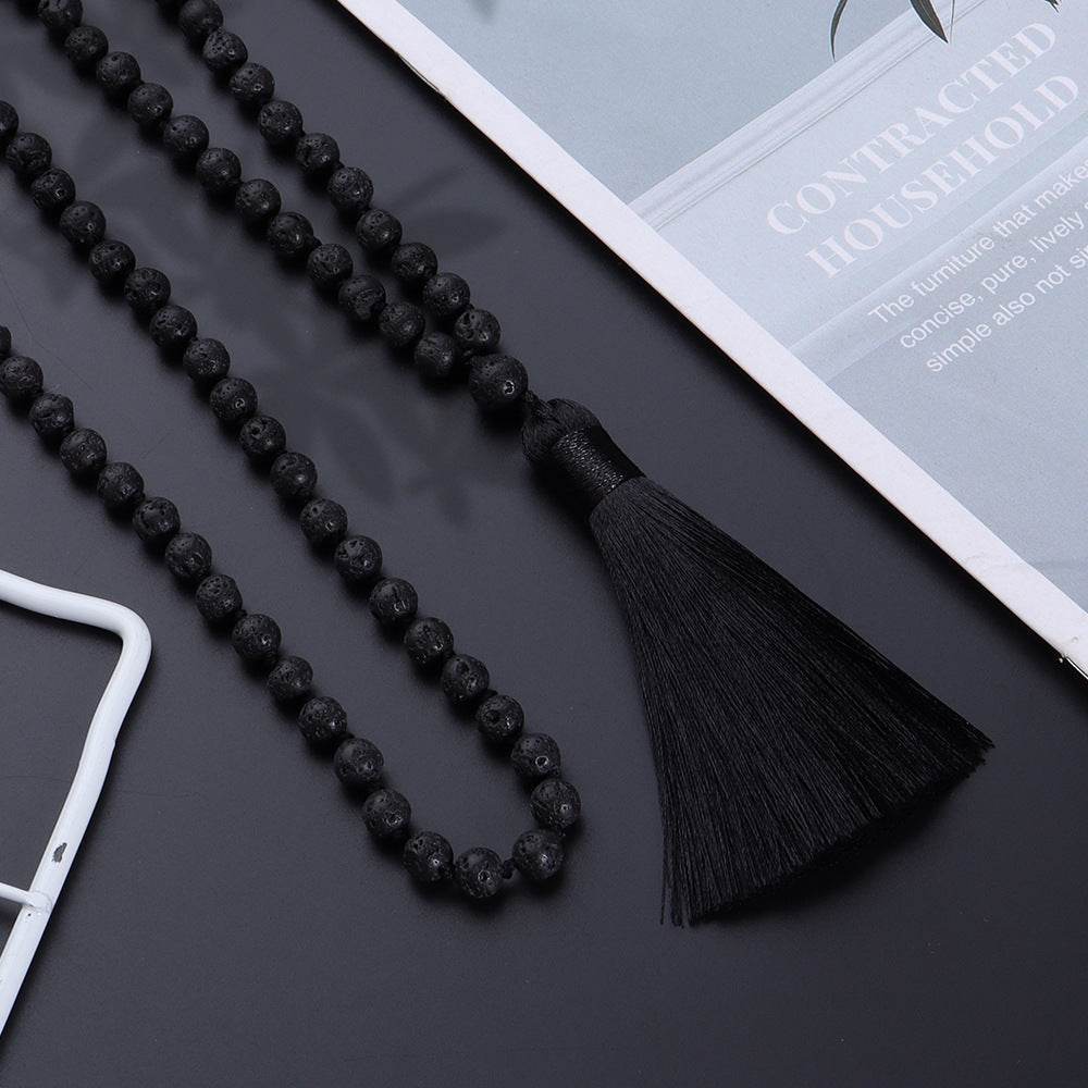 108 Bead Natural Lava Stone Necklace with Tassel - MystiCrystals