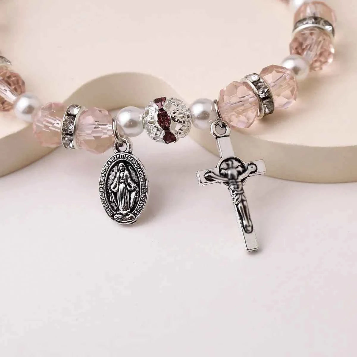 Handmade Crystal & Pearl Beaded Bracelet with Cross Pendant