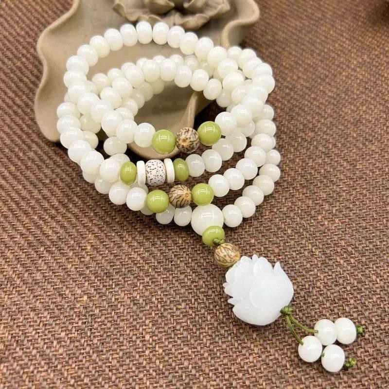 Natural White Jade Bodhi Bracelet – 108 Beads - MystiCrystals