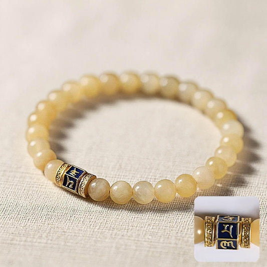 Natural Beige Jade Six Word Mantra Bracelet - MystiCrystals