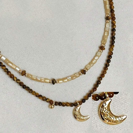 Moon Pendant Necklace with Tiger Eye and Shell - MystiCrystals